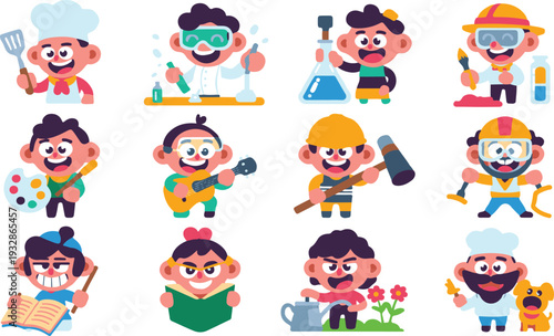 Cartoon characters in various professions and activities