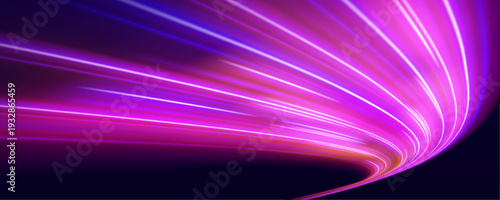 Vibrant rainbow speed streak twists rapidly, leaving luminous curved paths and scattered spark particles for dynamic visuals. vector