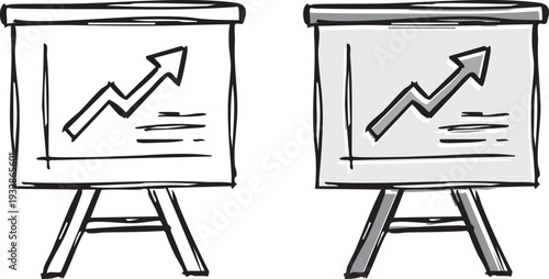 unique Hand drawn doodle of presentation board with rising arrow, business growth and success concept