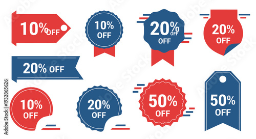 Set of 9 Red and Blue Discount Offer Tags Vector