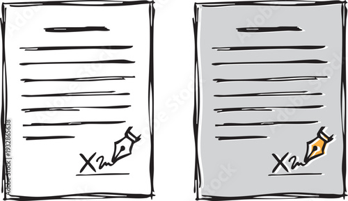 unique Hand drawn doodle of a signed document with a fountain pen, legal contract and agreement concept