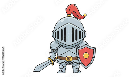 Cartoon Knight in Full Armor Holding Sword and Shield