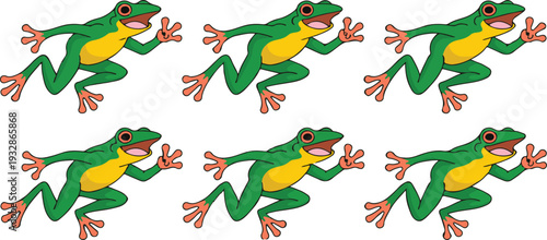Six green frogs with yellow bellies and orange feet