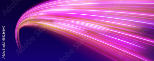 Multicolor speed trail twists rapidly across the scene, leaving glowing curved trails with tiny spark particles. High-speed accent. vector