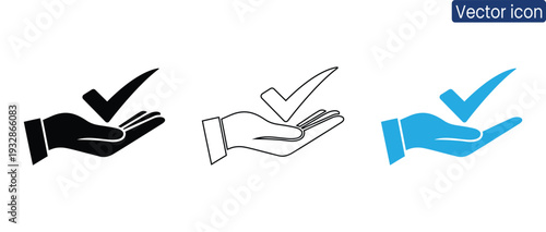 Modern vector icons of hands with checkmarks in black, white, and blue for business and design use
