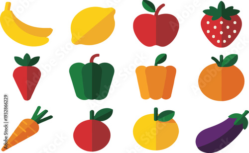 Colorful flat design fruit and vegetable icons set