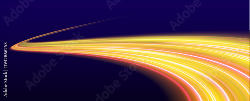 Multicolor neon racing line flows smoothly, forming soft glowing trails with fine spark particles. High-speed energy accent. vector