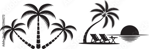 Black silhouettes of palm trees and beach chairs on transparent background