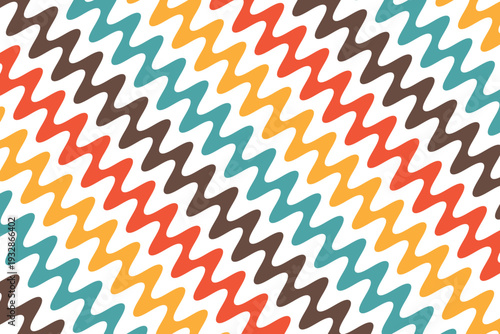 A colorful zigzag pattern on a white background with red, yellow, brown, and teal shapes
