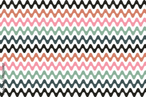 A colorful zigzag pattern with black, orange, pink, green, and white hues creates a vibrant and playful design
