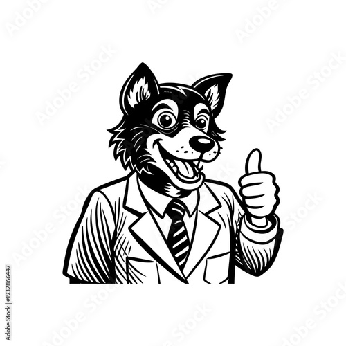 Smiling wolf character in business suit giving thumbs up gesture, black and white cartoon illustration.