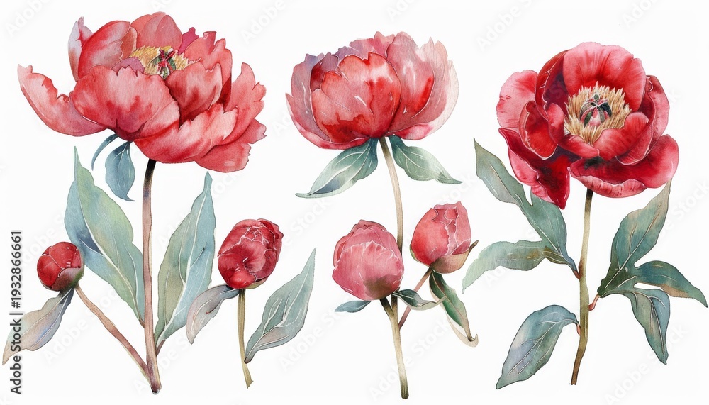 Fototapeta premium Beautiful red peonies with lush green leaves displayed in a stunning watercolor illustration showcasing natural elegance and floral beauty