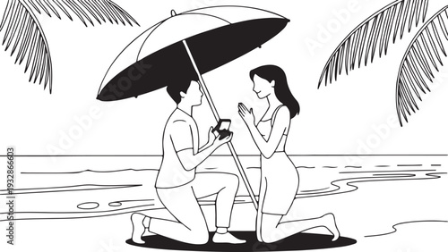 Man proposing to woman on beach under umbrella