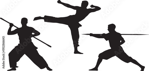 Silhouette of martial artists performing various fighting poses