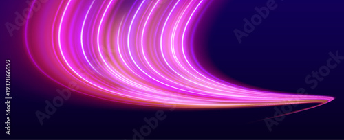Rainbow speed trail flows rapidly, twisting elegantly across the scene with glowing luminous paths and subtle spark particles. vector