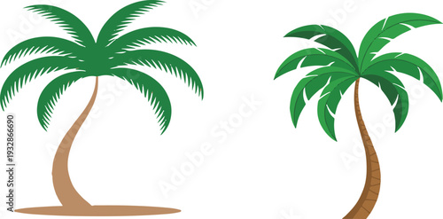 Two palm trees with green leaves and brown trunks