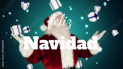 Animation of feliz navidad christmas greetings text over santa claus and presents