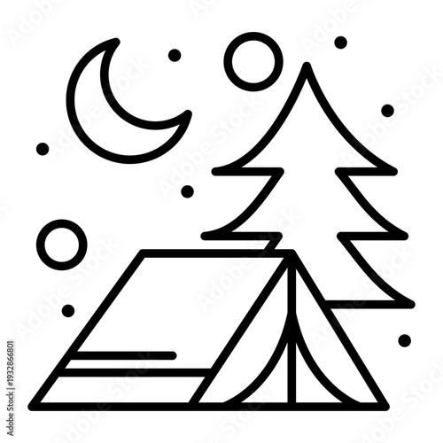 Camping Under the Stars: An illustrated scene evokes the serene tranquility of camping outdoors, with a tent set beneath a crescent moon and a backdrop of twinkling stars and a single evergreen tree.