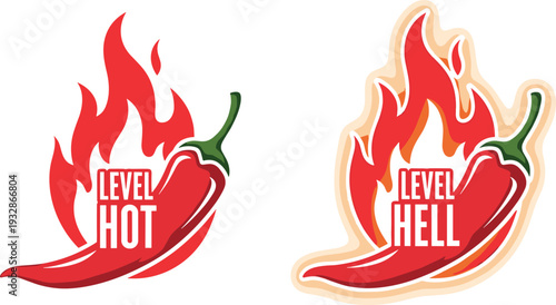 Red Chili Pepper with Flames Level Hot and Level Hell Spicy Food Label Sticker Vector Illustration