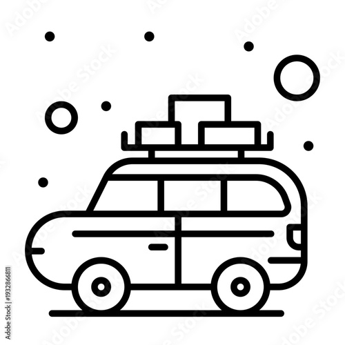 Adventure on the Road: A minimalist line art illustration captures a rugged SUV, fully loaded with luggage, ready for an epic journey under a sky of falling snow.
