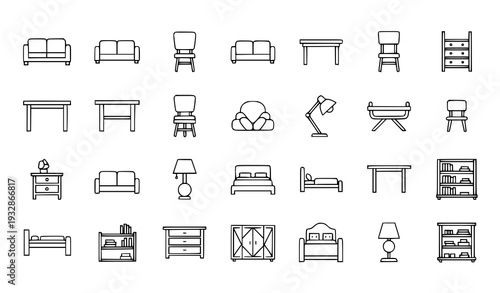 A collection of minimalist furniture icons in a simple line art style