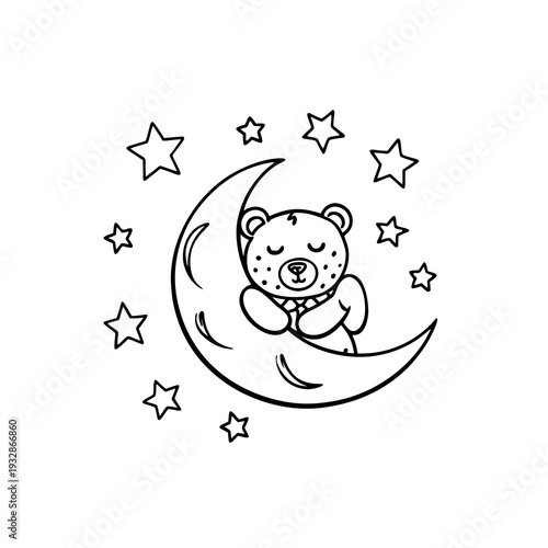 Cute sleeping teddy bear on the moon surrounded by stars, black and white outline drawing for children's coloring books.