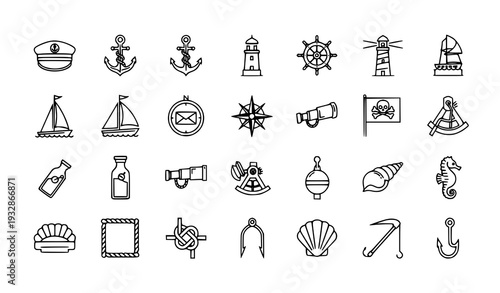 A collection of nautical icons and symbols in a minimalist line art style