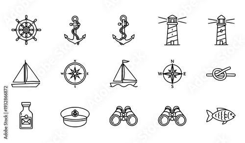 A set of nautical icons and symbols in a minimalist line art style