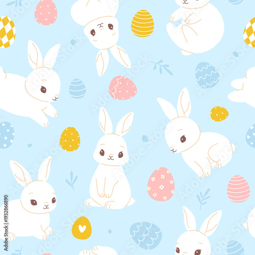 Easter pattern with eggs and bunnies. Seamless vector print with rabbits and eggs.