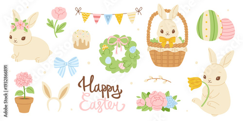 Easter vintage decor set. Cute cottagecore easter collection with rabbits.