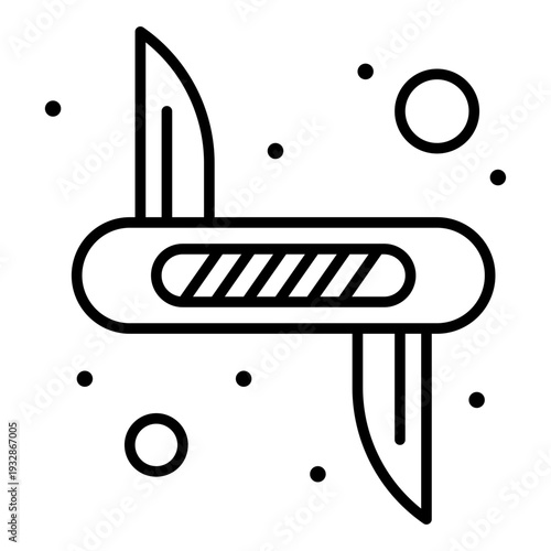 Multitool Illustration: A minimalist illustration of a versatile multitool, showcasing its multiple blades in an open configuration and small black dots in the background.