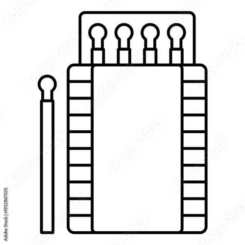 Matchbox Illustration: A simple yet effective black and white line drawing of a matchbox with matches, offering a minimalist aesthetic.