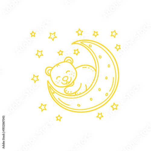 Cute sleeping bear cub on a crescent moon with stars, vector illustration for nursery decor or baby shower invitations.