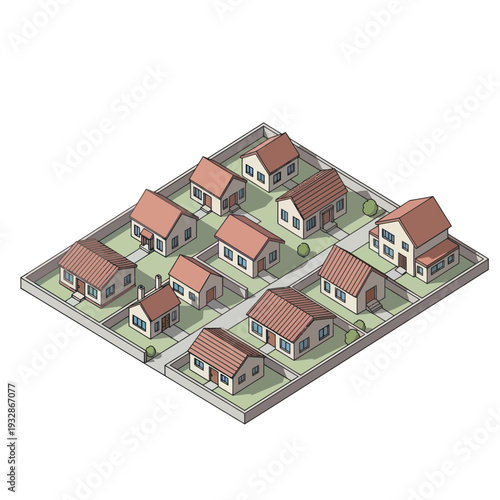 3D Render of Residential Neighborhood with Houses.