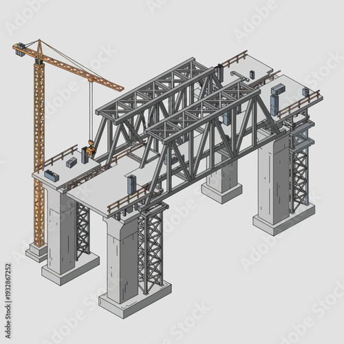 Steel Bridge Under Construction with Crane.