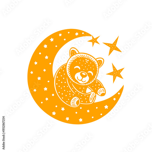 Cute cartoon bear sitting on a crescent moon with stars, a sweet dream illustration for children.