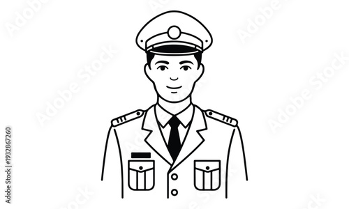 Smiling Man in Officer Uniform with Cap Line Art Illustration