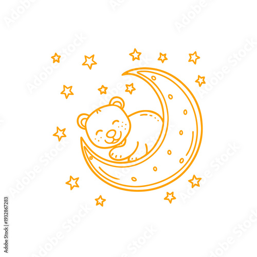 Cute little bear sleeping peacefully on the moon surrounded by stars, sweet dreams vector illustration.