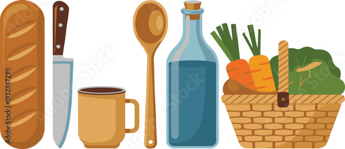 Cartoon kitchen ingredients and utensils on white background