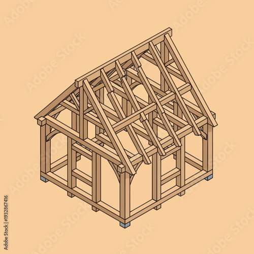 Wooden House Frame Under Construction.