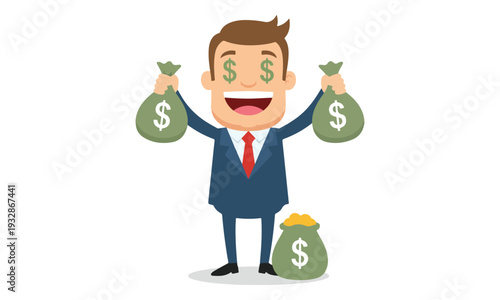 Businessman with Dollar Sign Eyes Holding Money Bags