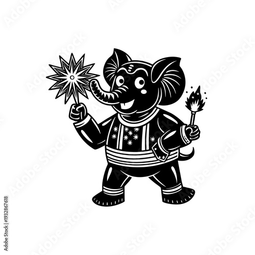 Black and white illustration of a happy elephant holding sparklers, celebrating a festive occasion.