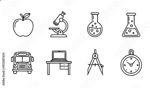 A set of educational icons including an apple, microscope, and school bus