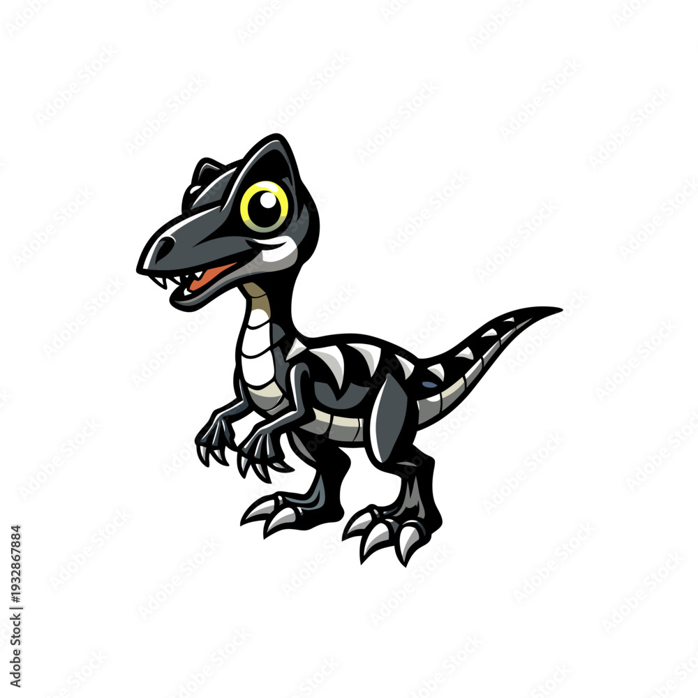 Fototapeta premium Cute cartoon black and white baby raptor dinosaur illustration, perfect for children's designs and prehistoric themes.