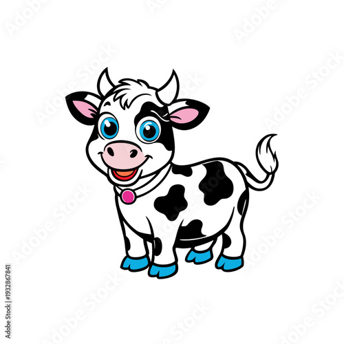 Cute cartoon baby cow with blue eyes and black spots, standing and smiling.