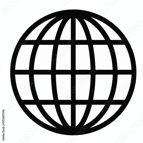 Black outline icon of a globe with grid lines representing continents Keywords: globe, world, earth, planet, map, geography