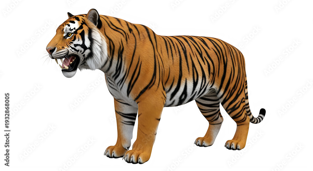 Obraz premium Majestic tiger standing on all fours in a natural setting with a focused gaze.
