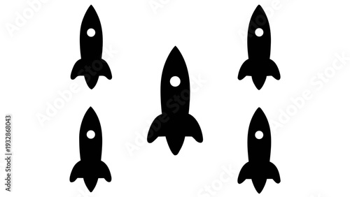 A set of five black rocket ship icons in a circular formation on a white background