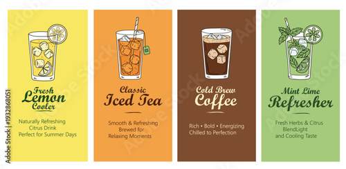 Hand Drawn Summer Drinks Poster Set with Lemon Cooler, Citrus Iced Tea, Cold Brew Coffee and Mint Lime Refresher Flat Vector Illustration
