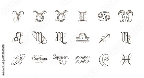 Zodiac signs symbols representing astrology and the celestial bodies in the universe.